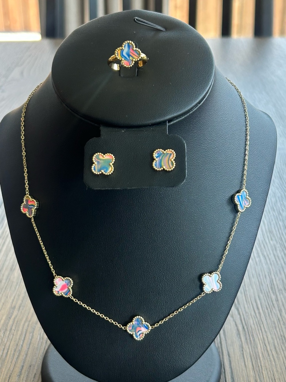 Gold Multicolor Clover Necklace, Earrings & Ring Set